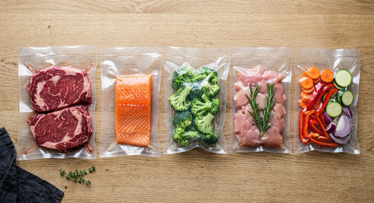 Bolsas para envasar al vacío con carne, pescado y verduras
