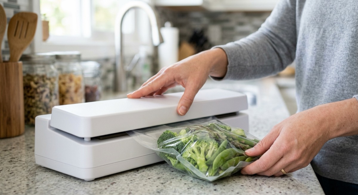Envasadora al vacío doméstica sellando una bolsa de verduras